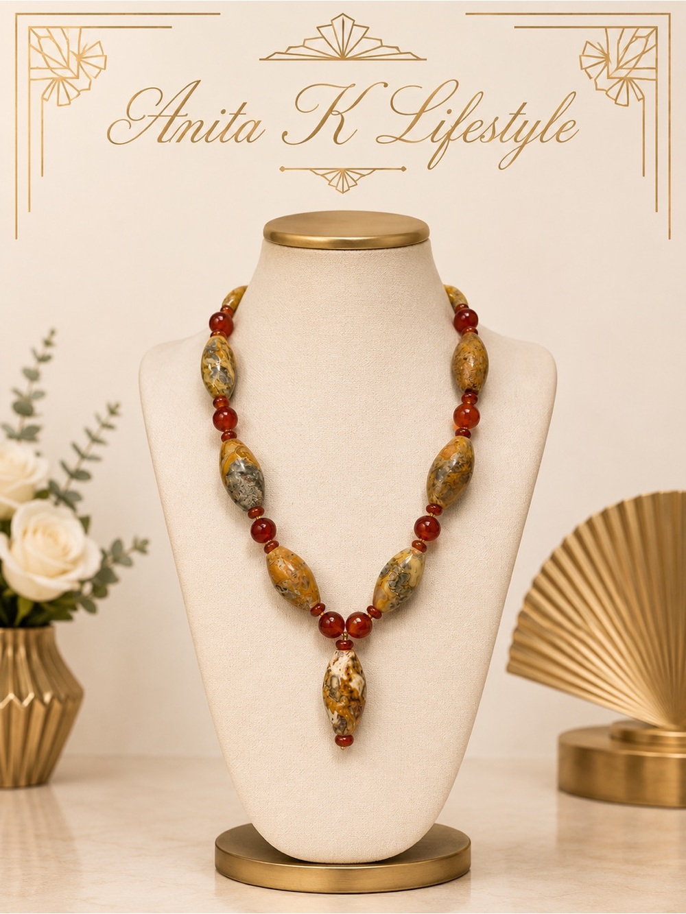 🆕Anita K Red Cornelian and Multicolor Jasper Statement Necklace